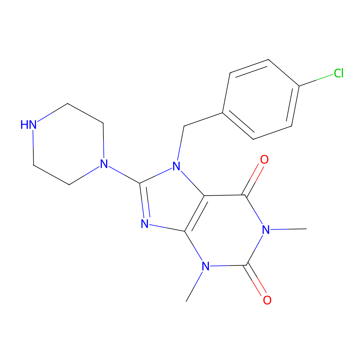 7-(4-Chlorobenzyl)-1,3-DI-ME-8-(1-piperazinyl)-3,7-dihydro-1H-purine-2,6-dione molecular structure, CAS 476479-86-4
