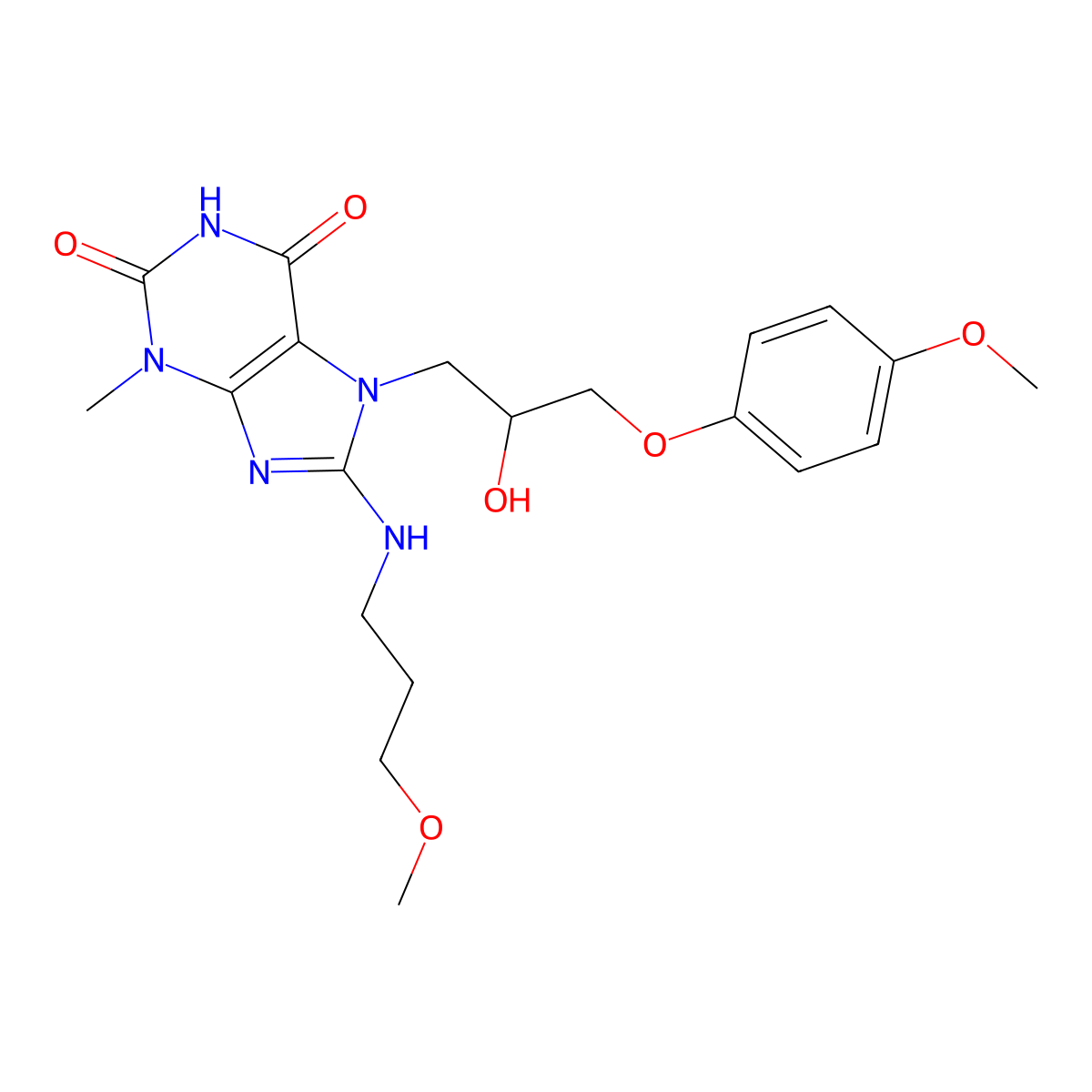 7-[2-Hydroxy-3-(4-methoxyphenoxy)propyl]-8-[(3-methoxypropyl)amino]-3-methyl-3,7-dihydro-1H-purine-2,6-dione molecular structure, CAS 476479-87-5