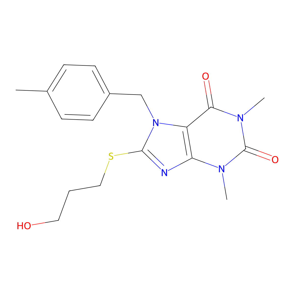 8-((3-HO-Propyl)thio)-1,3-DI-ME-7-(4-ME-benzyl)-3,7-dihydro-1H-purine-2,6-dione molecular structure, CAS 476480-01-0