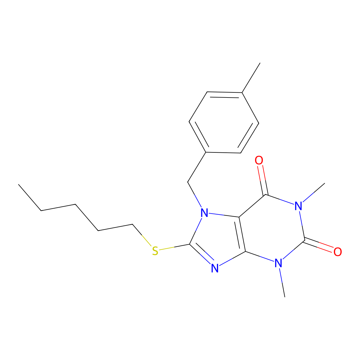 1,3-Dimethyl-7-(4-methylbenzyl)-8-(pentylthio)-3,7-dihydro-1H-purine-2,6-dione molecular structure, CAS 476480-02-1