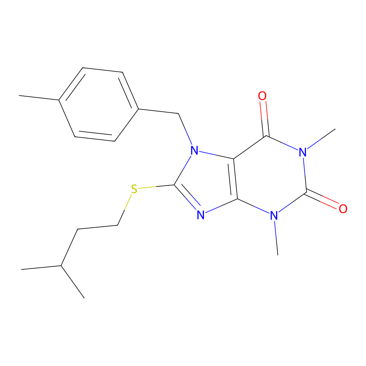 8-(Isopentylthio)-1,3-dimethyl-7-(4-ME-benzyl)-3,7-dihydro-1H-purine-2,6-dione molecular structure, CAS 476480-03-2