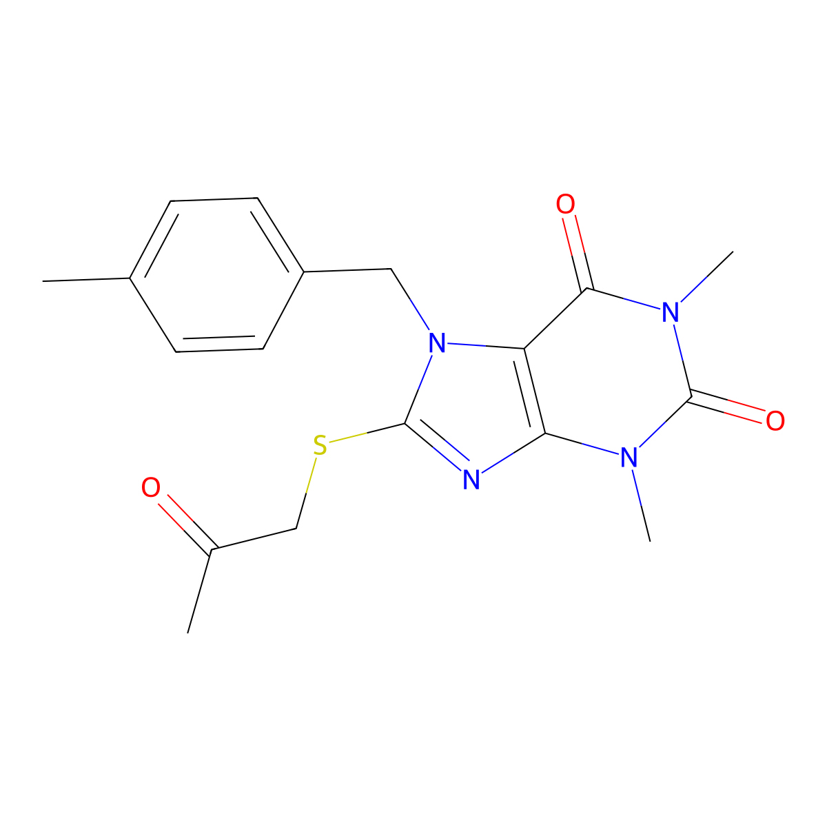 1,3-Dimethyl-7-(4-ME-benzyl)8-((2-oxopropyl)thio)3,7-dihydro-1H-purine-2,6-dione molecular structure, CAS 476480-04-3