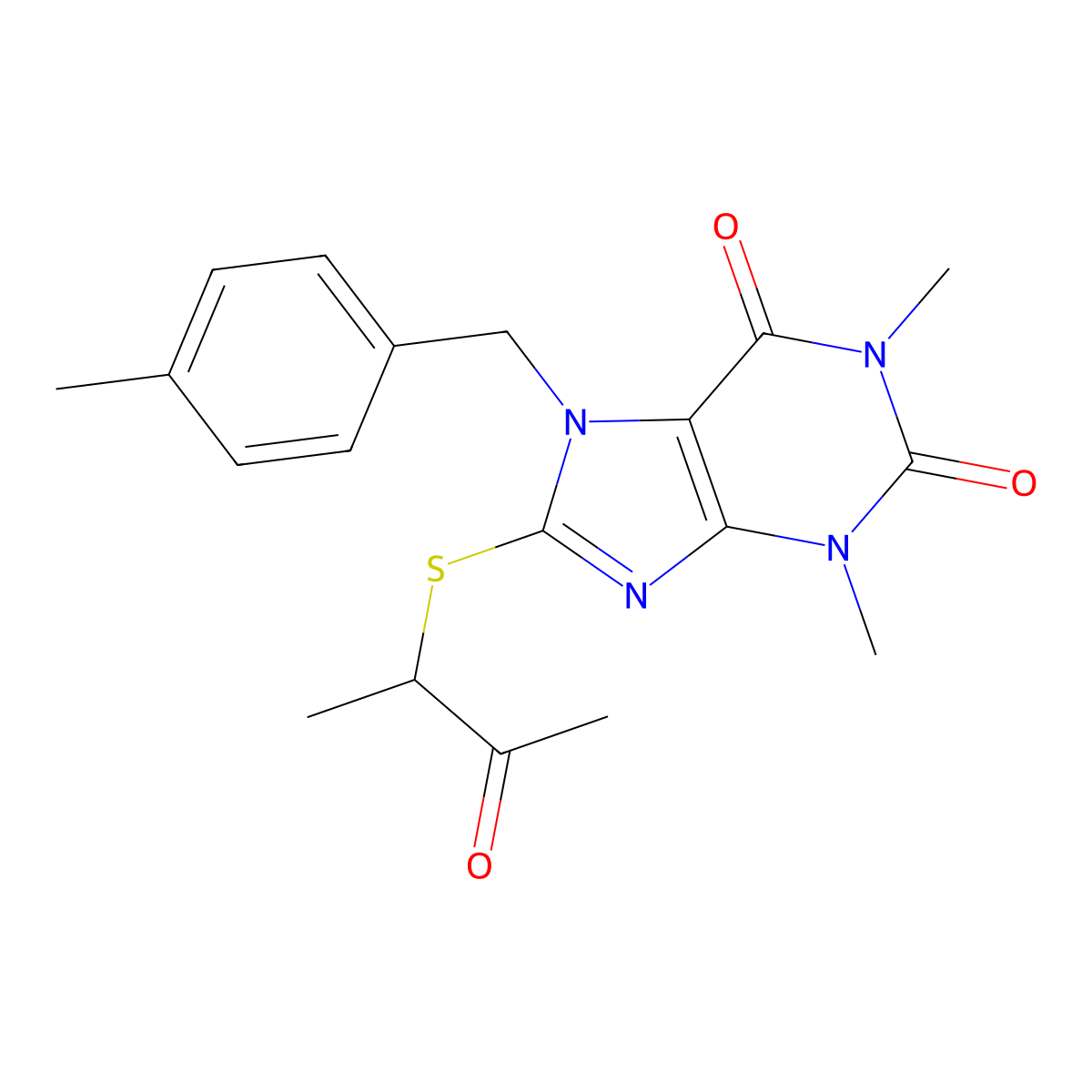 1,3-Dimethyl-7-(4-methylbenzyl)-8-[(1-methyl-2-oxopropyl)sulfanyl]-3,7-dihydro-1H-purine-2,6-dione molecular structure, CAS 476480-05-4