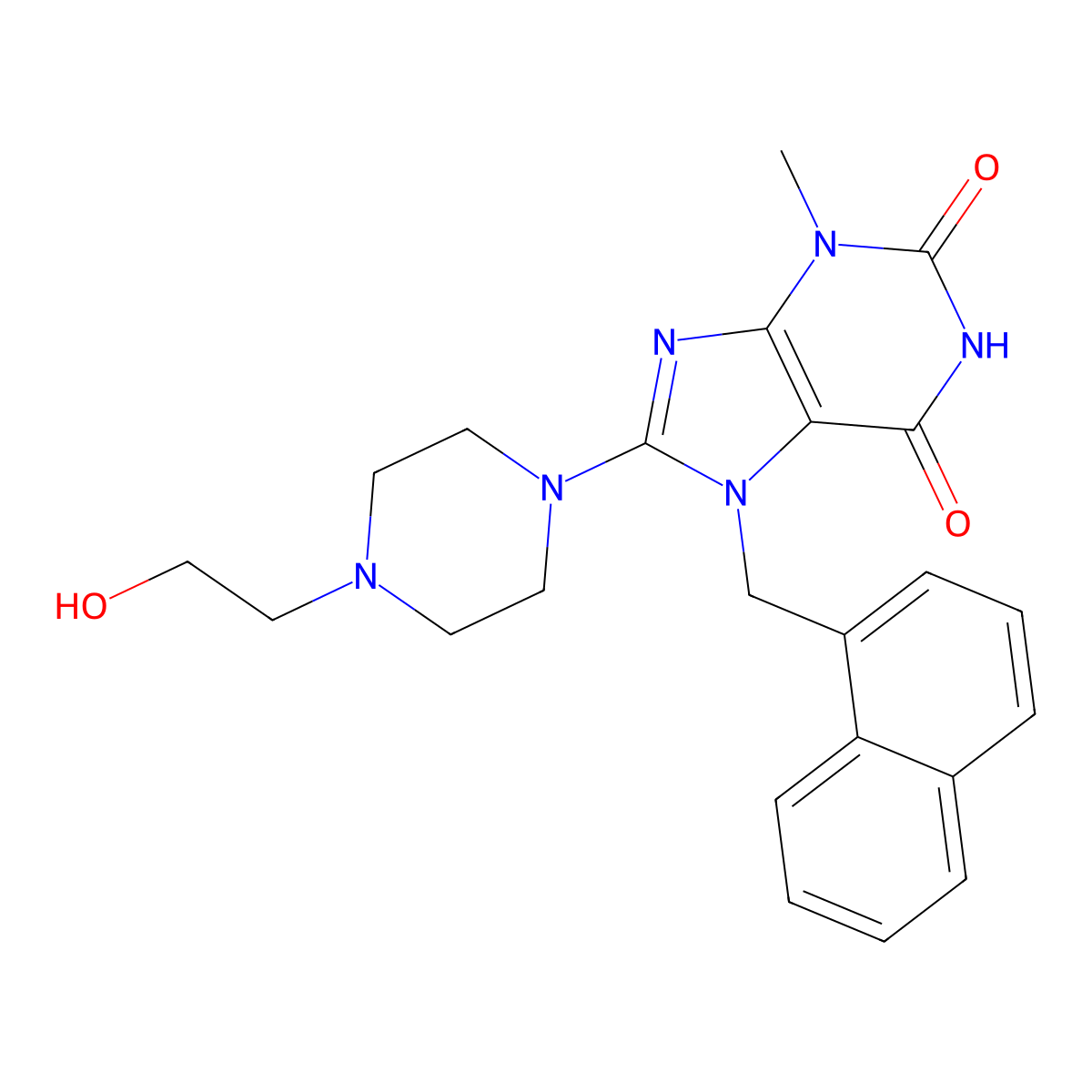 8-(4-(2-Hydroxyethyl)-1-piperazinyl)-3-methyl-7-(1-naphthylmethyl)-3,7-dihydro-1H-purine-2,6-dione molecular structure, CAS 476480-06-5