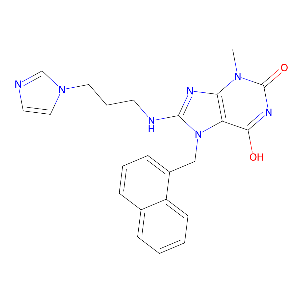 8-{[3-(1H-Imidazol-1-YL)propyl]amino}-3-methyl-7-(1-naphthylmethyl)-3,7-dihydro-1H-purine-2,6-dione molecular structure, CAS 476480-07-6