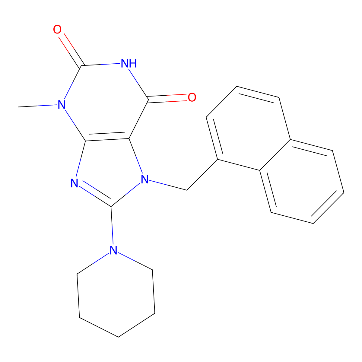 3-Methyl-7-(1-naphthylmethyl)-8-(1-piperidinyl)-3,7-dihydro-1H-purine-2,6-dione molecular structure, CAS 476480-08-7