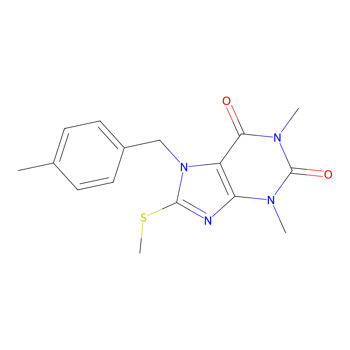 1,3-Dimethyl-7-(4-methylbenzyl)-8-(methylthio)-3,7-dihydro-1H-purine-2,6-dione molecular structure, CAS 476480-12-3