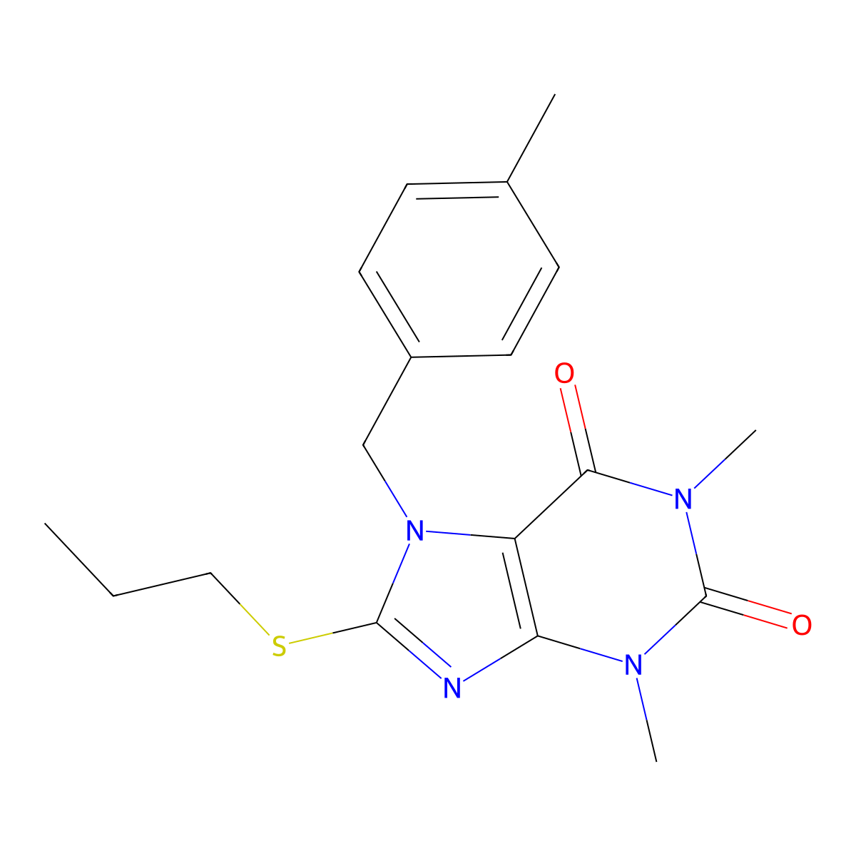 1,3-Dimethyl-7-(4-methylbenzyl)-8-(propylthio)-3,7-dihydro-1H-purine-2,6-dione molecular structure, CAS 476480-14-5