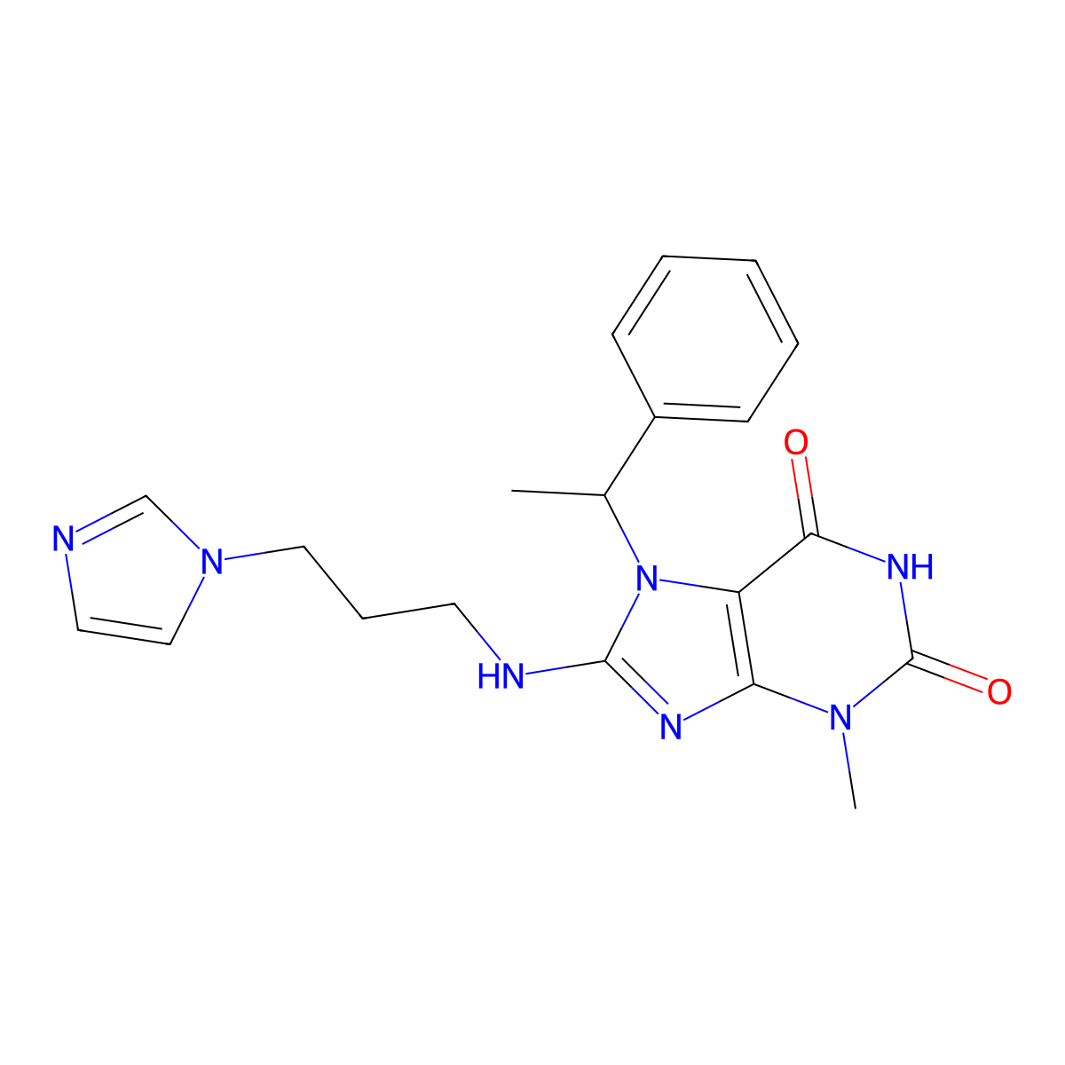 8-((3-(1H-Imidazol-1-YL)PR)amino)3-ME-7-(1-PH-ET)3,7-dihydro-1H-purine-2,6-dione molecular structure, CAS 476480-28-1