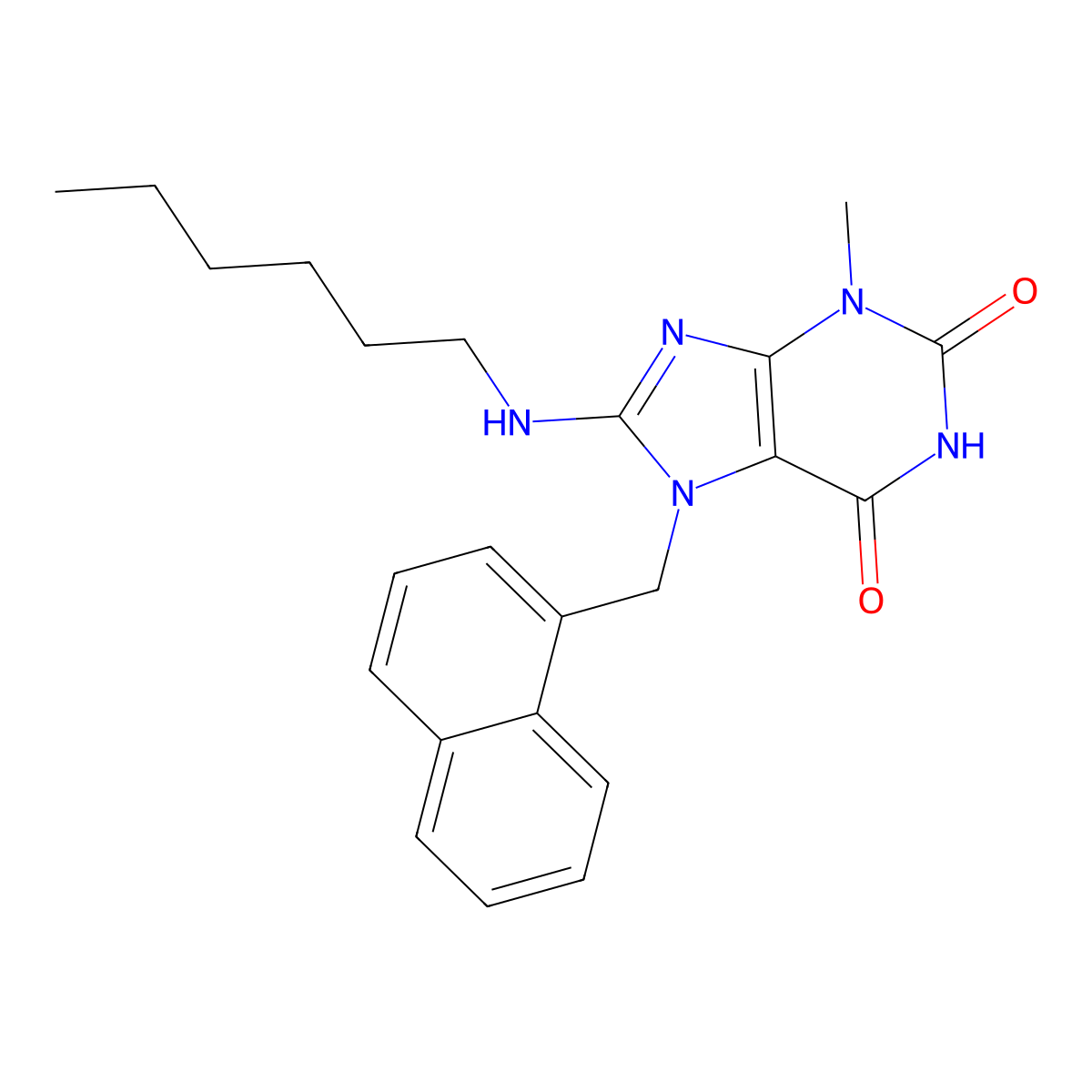 8-(Hexylamino)-3-methyl-7-(1-naphthylmethyl)-3,7-dihydro-1H-purine-2,6-dione molecular structure, CAS 476480-35-0