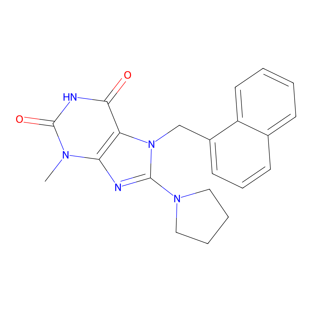 3-Methyl-7-(1-naphthylmethyl)-8-(1-pyrrolidinyl)-3,7-dihydro-1H-purine-2,6-dione molecular structure, CAS 476480-37-2