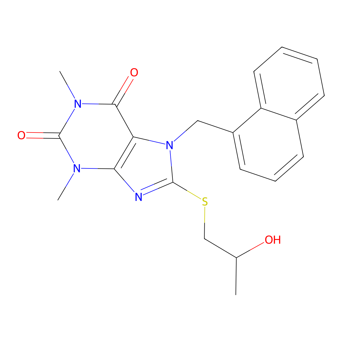 8-((2-HO-Propyl)thio)-1,3-DI-ME-7-(1-naphthyl-ME)3,7-dihydro-1H-purine-2,6-dione molecular structure, CAS 476480-44-1