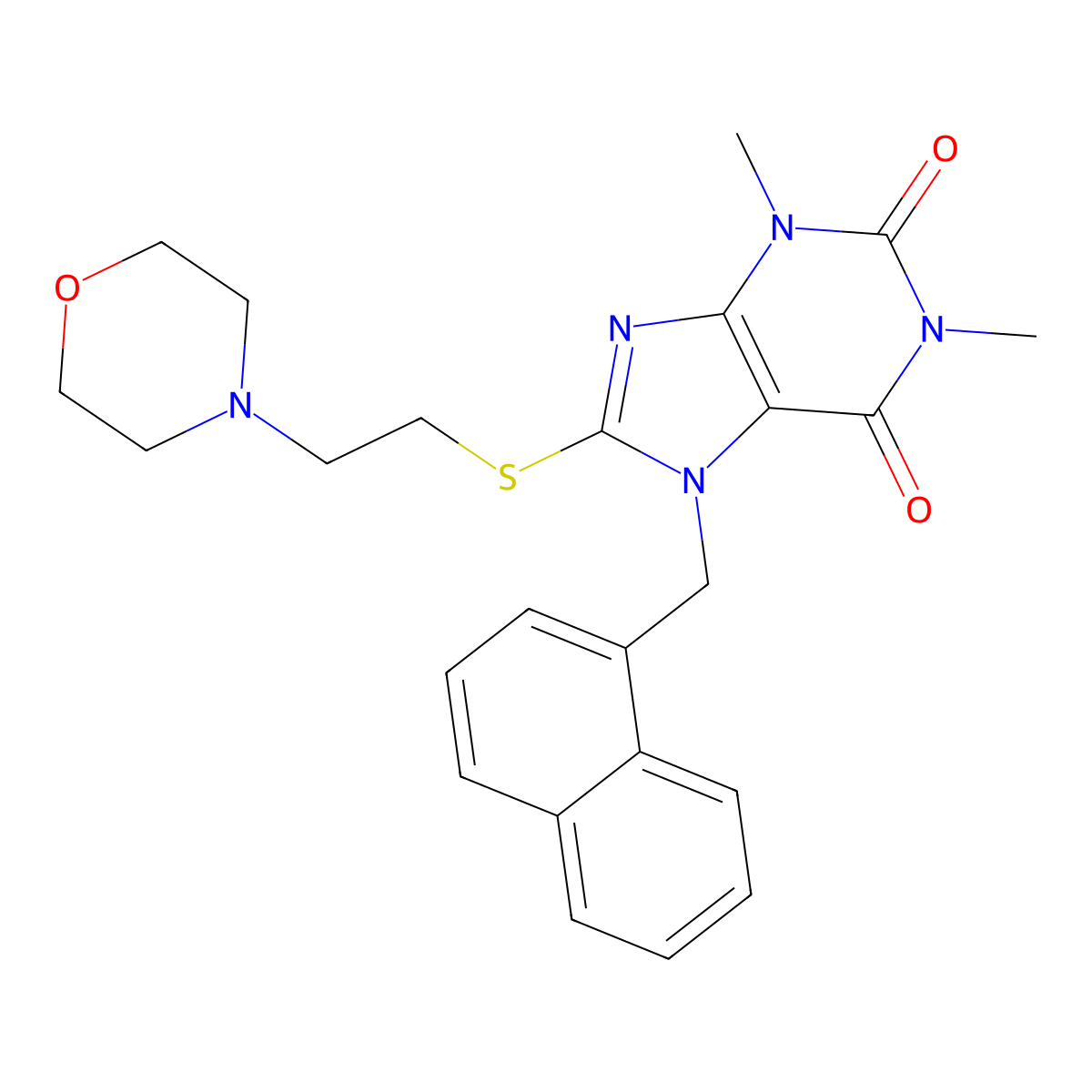 1,3-Dimethyl-8-((2-morpholinoethyl)thio)-7-(naphthalen-1-ylmethyl)-1H-purine-2,6(3H,7H)-dione molecular structure, CAS 476480-45-2