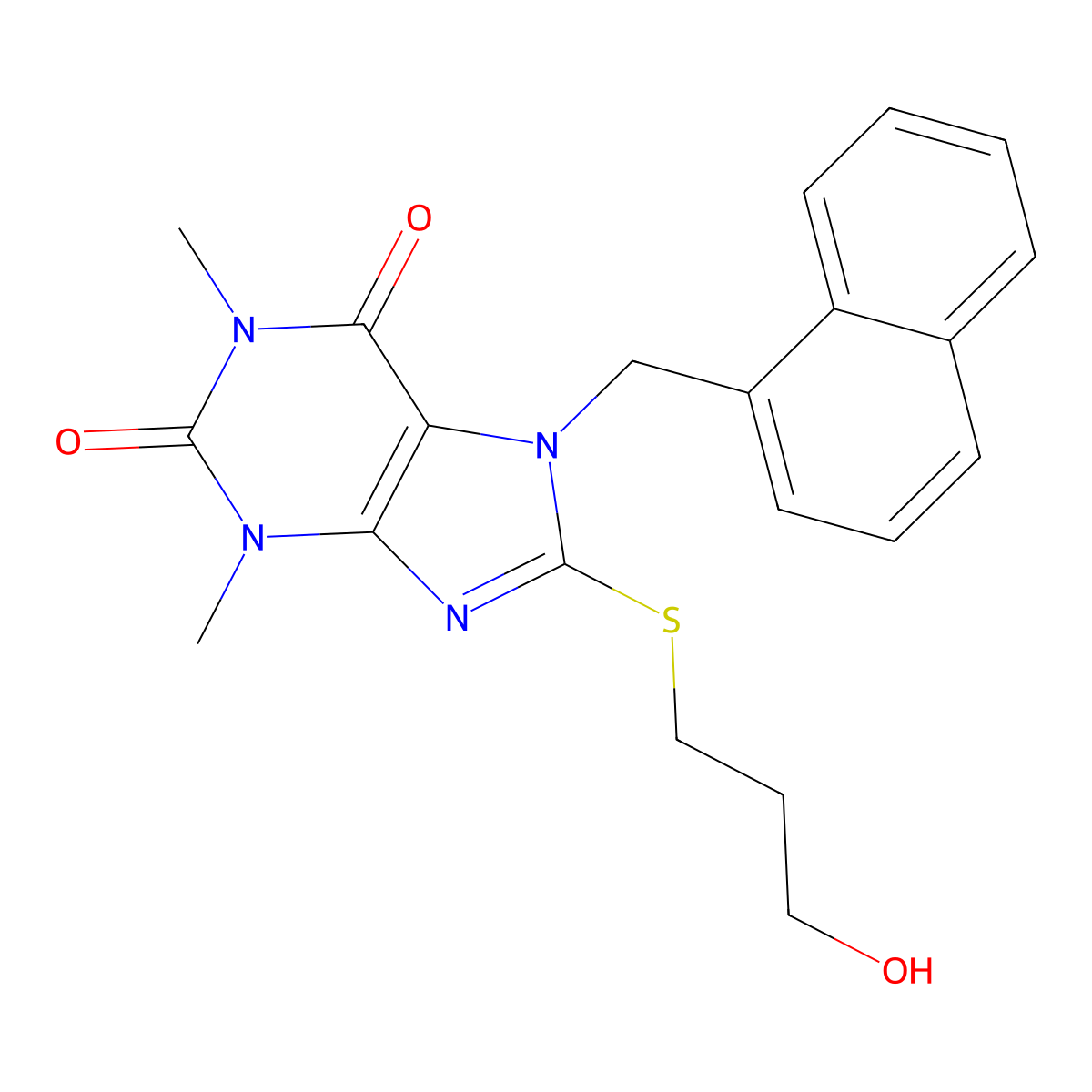 8-((3-HO-Propyl)thio)-1,3-DI-ME-7-(1-naphthyl-ME)3,7-dihydro-1H-purine-2,6-dione molecular structure, CAS 476480-46-3