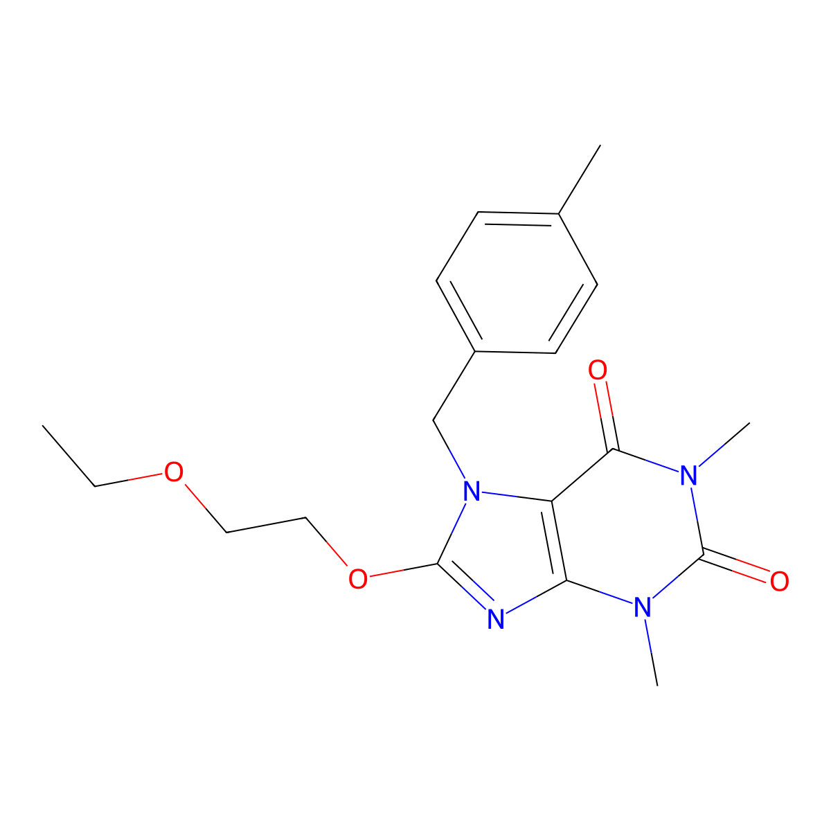 8-(2-Ethoxyethoxy)-1,3-dimethyl-7-(4-ME-benzyl)-3,7-dihydro-1H-purine-2,6-dione molecular structure, CAS 476480-53-2