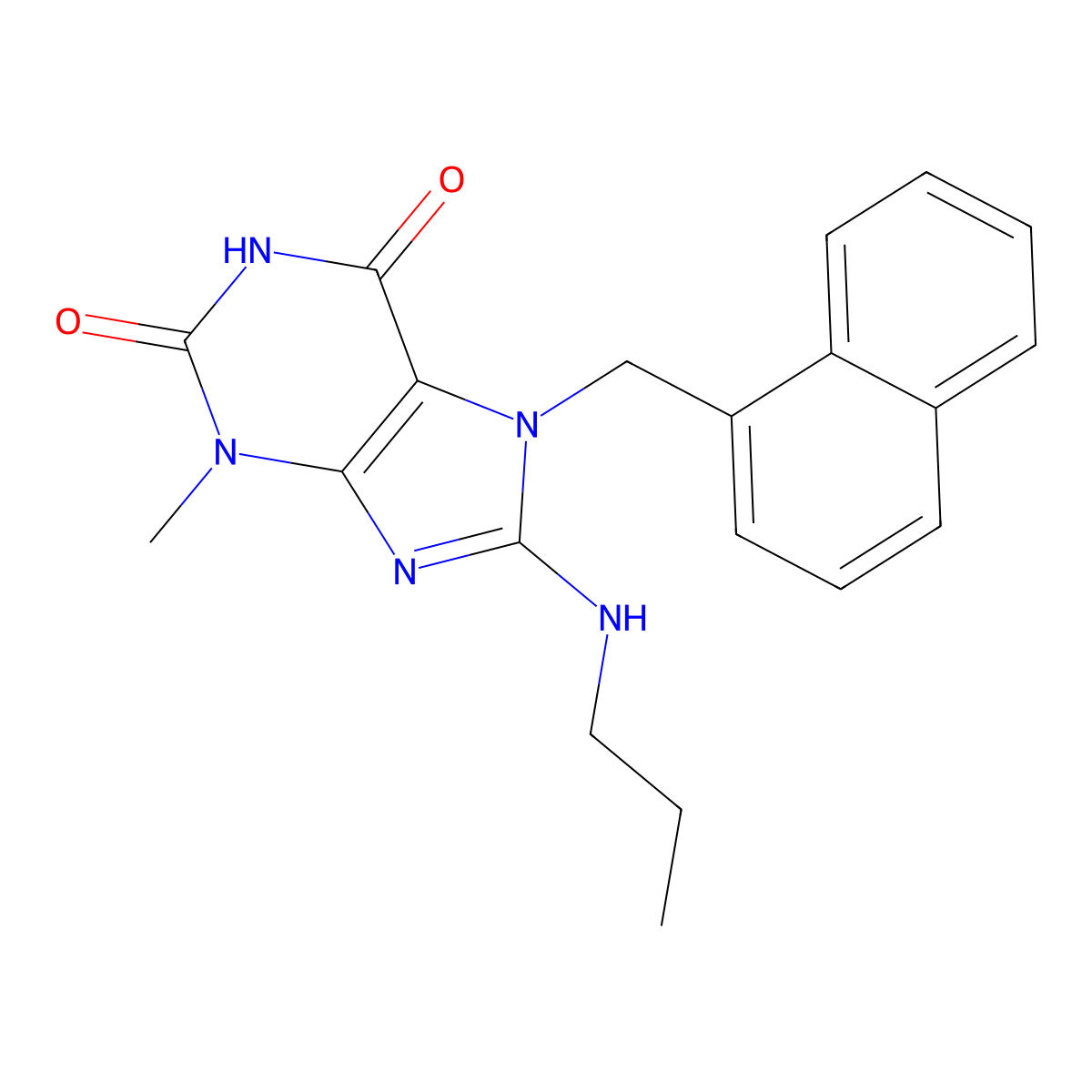 3-Methyl-7-(1-naphthylmethyl)-8-(propylamino)-3,7-dihydro-1H-purine-2,6-dione molecular structure, CAS 476480-62-3