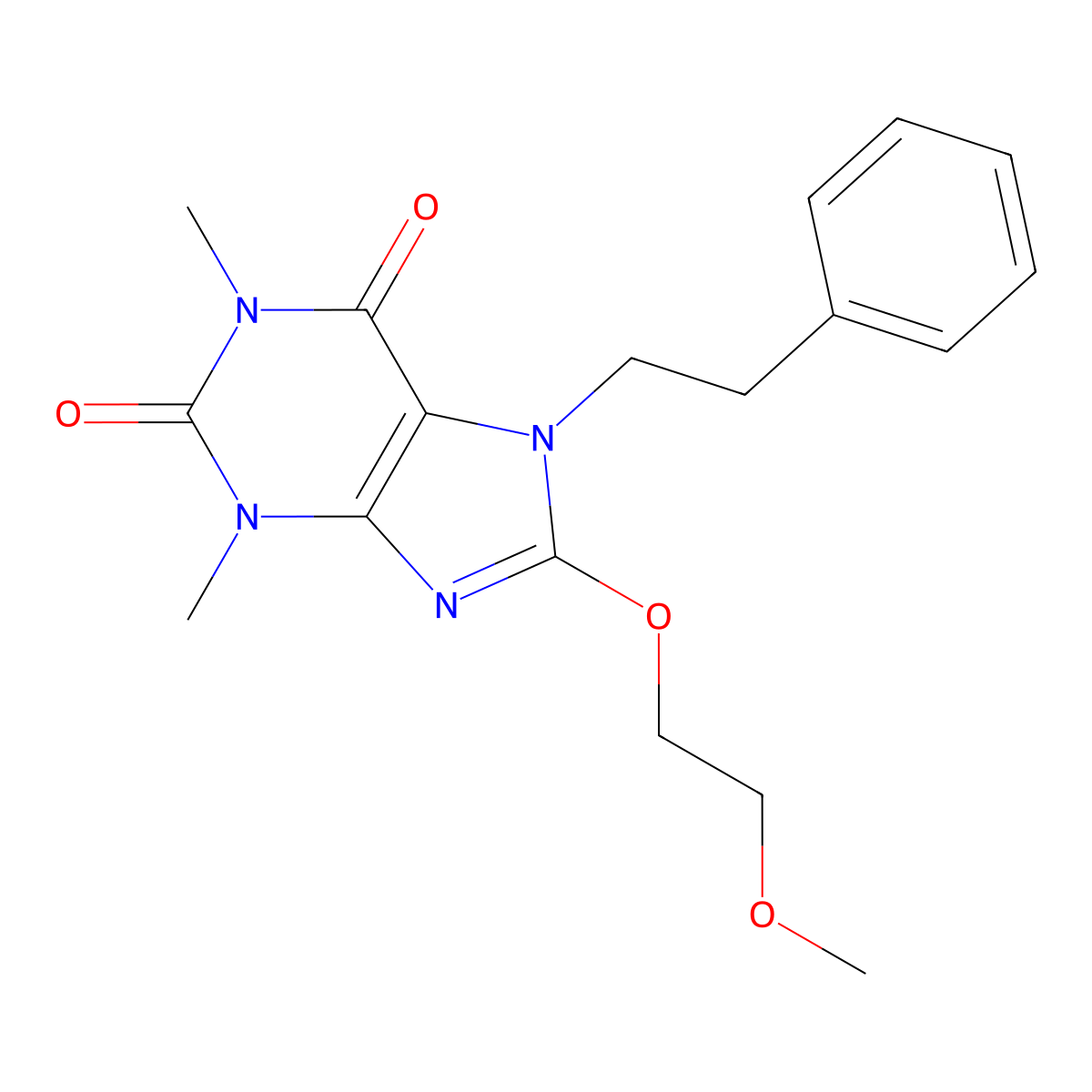 8-(2-Methoxyethoxy)-1,3-dimethyl-7-(2-PH-ethyl)-3,7-dihydro-1H-purine-2,6-dione molecular structure, CAS 476480-65-6