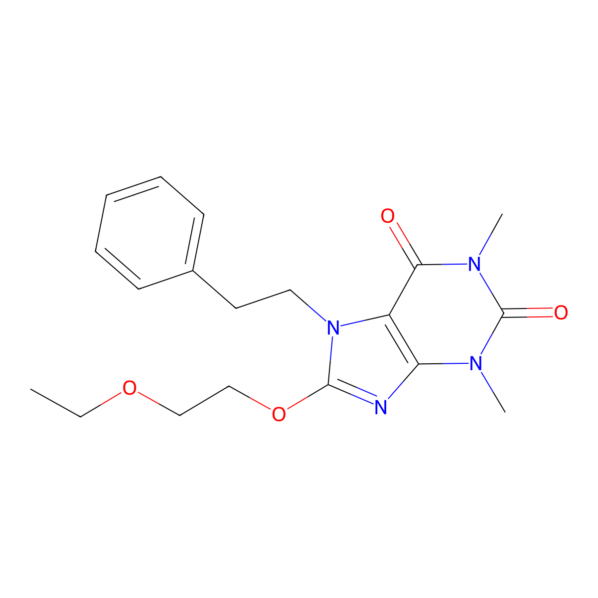 8-(2-Ethoxyethoxy)-1,3-dimethyl-7-(2-PH-ethyl)-3,7-dihydro-1H-purine-2,6-dione molecular structure, CAS 476480-66-7
