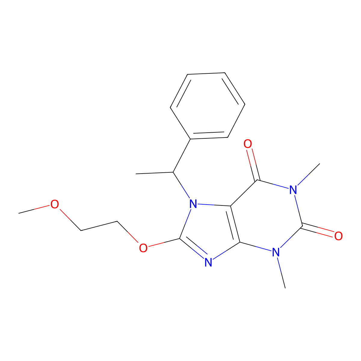 8-(2-Methoxyethoxy)-1,3-dimethyl-7-(1-PH-ethyl)-3,7-dihydro-1H-purine-2,6-dione molecular structure, CAS 476480-67-8