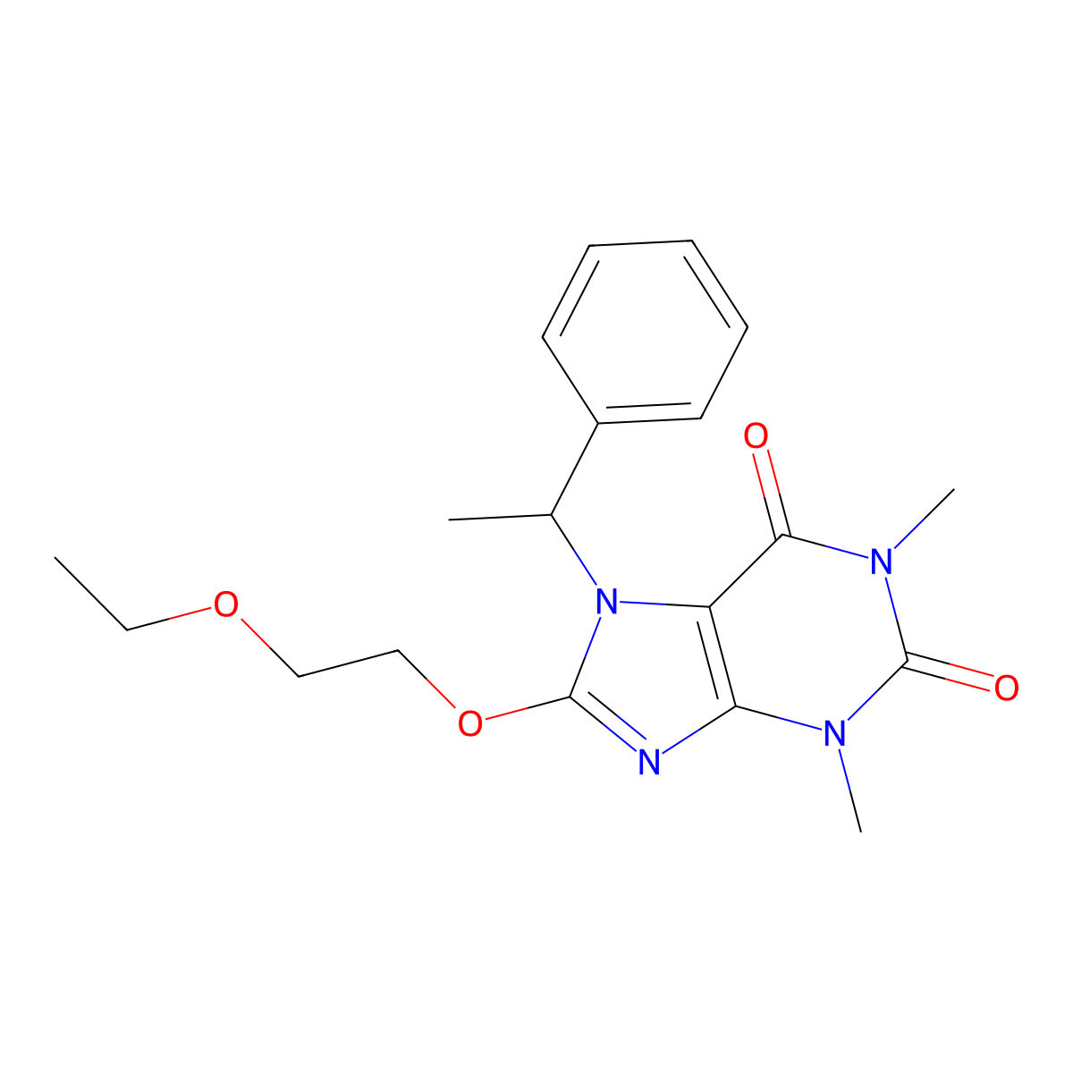 8-(2-Ethoxyethoxy)-1,3-dimethyl-7-(1-PH-ethyl)-3,7-dihydro-1H-purine-2,6-dione molecular structure, CAS 476480-68-9