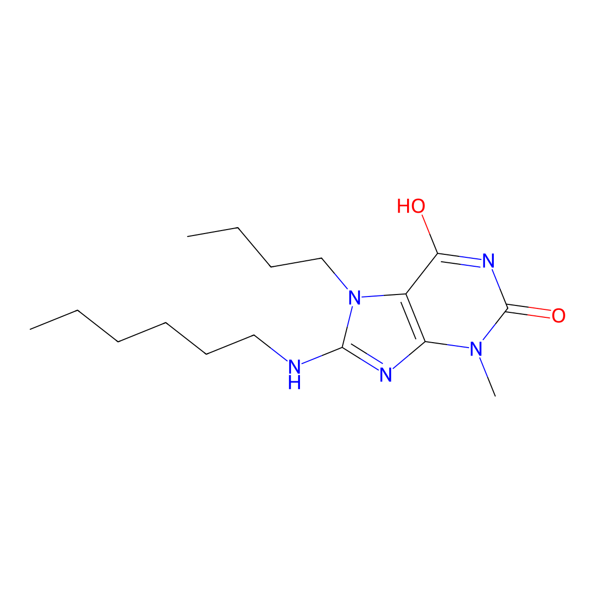 7-Butyl-8-(hexylamino)-3-methyl-3,7-dihydro-1H-purine-2,6-dione molecular structure, CAS 476480-71-4