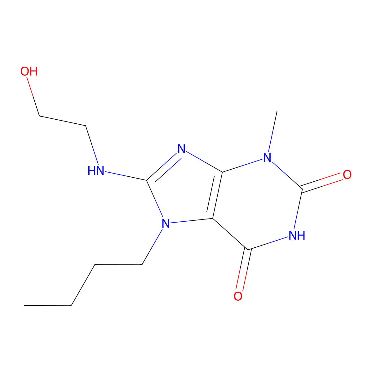 7-Butyl-8-((2-hydroxyethyl)amino)-3-methyl-3,7-dihydro-1H-purine-2,6-dione molecular structure, CAS 476480-72-5