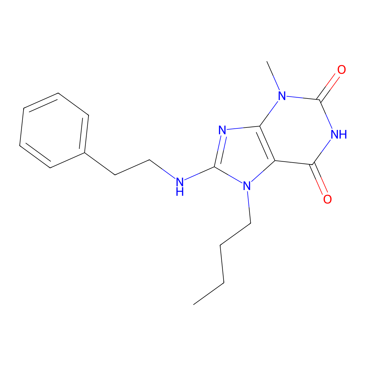 7-Butyl-3-methyl-8-((2-phenylethyl)amino)-3,7-dihydro-1H-purine-2,6-dione molecular structure, CAS 476480-73-6