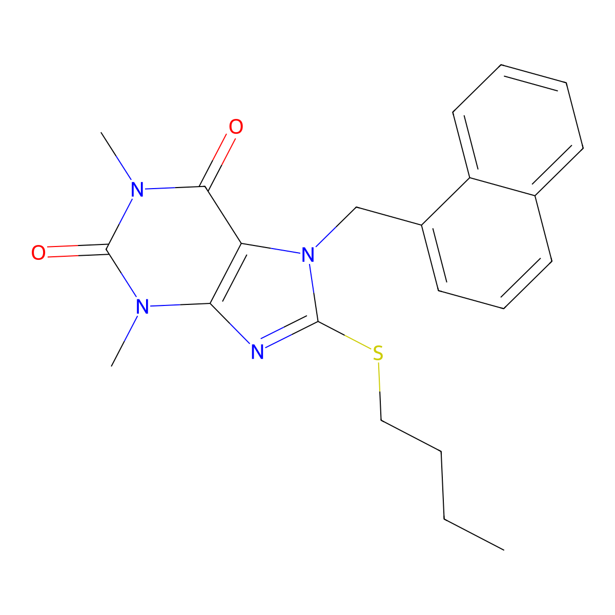 8-(Butylthio)-1,3-dimethyl-7-(1-naphthylmethyl)-3,7-dihydro-1H-purine-2,6-dione molecular structure, CAS 476480-86-1