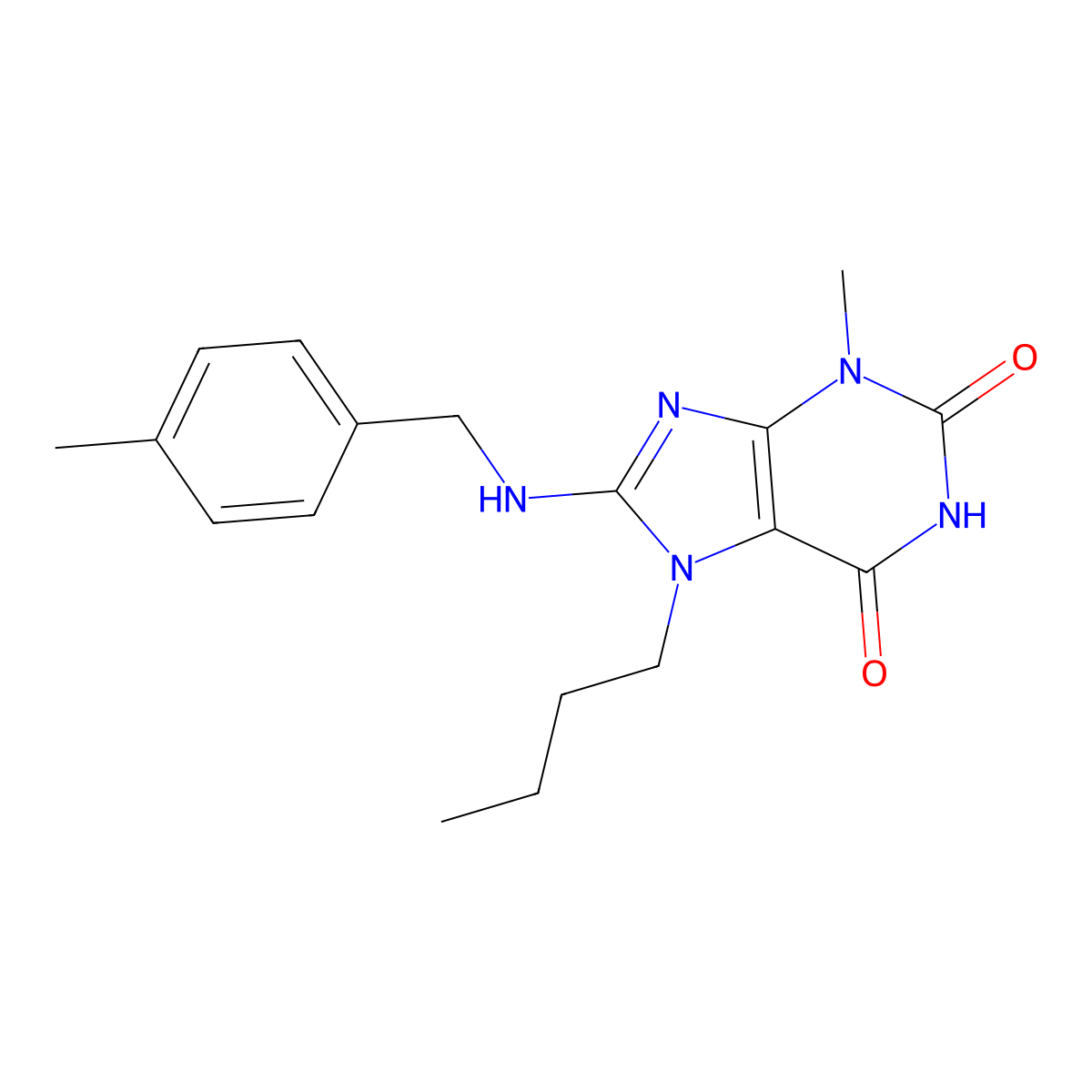 7-Butyl-3-methyl-8-((4-methylbenzyl)amino)-3,7-dihydro-1H-purine-2,6-dione molecular structure, CAS 476480-89-4