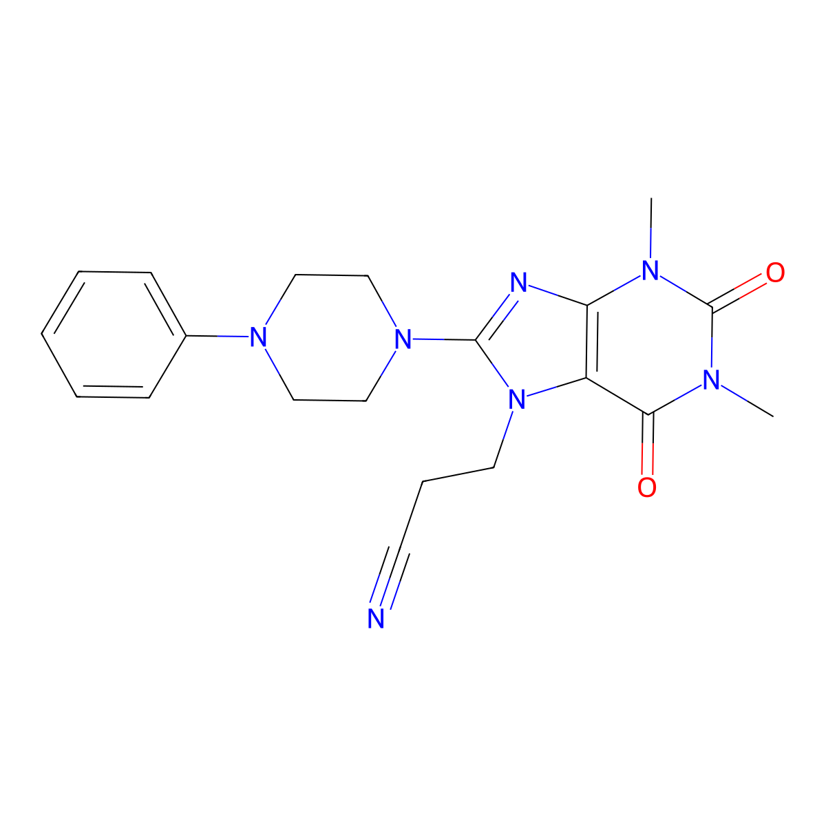 3-[1,3-Dimethyl-2,6-dioxo-8-(4-phenyl-1-piperazinyl)-1,2,3,6-tetrahydro-7H-purin-7-YL]propanenitrile molecular structure, CAS 476480-99-6
