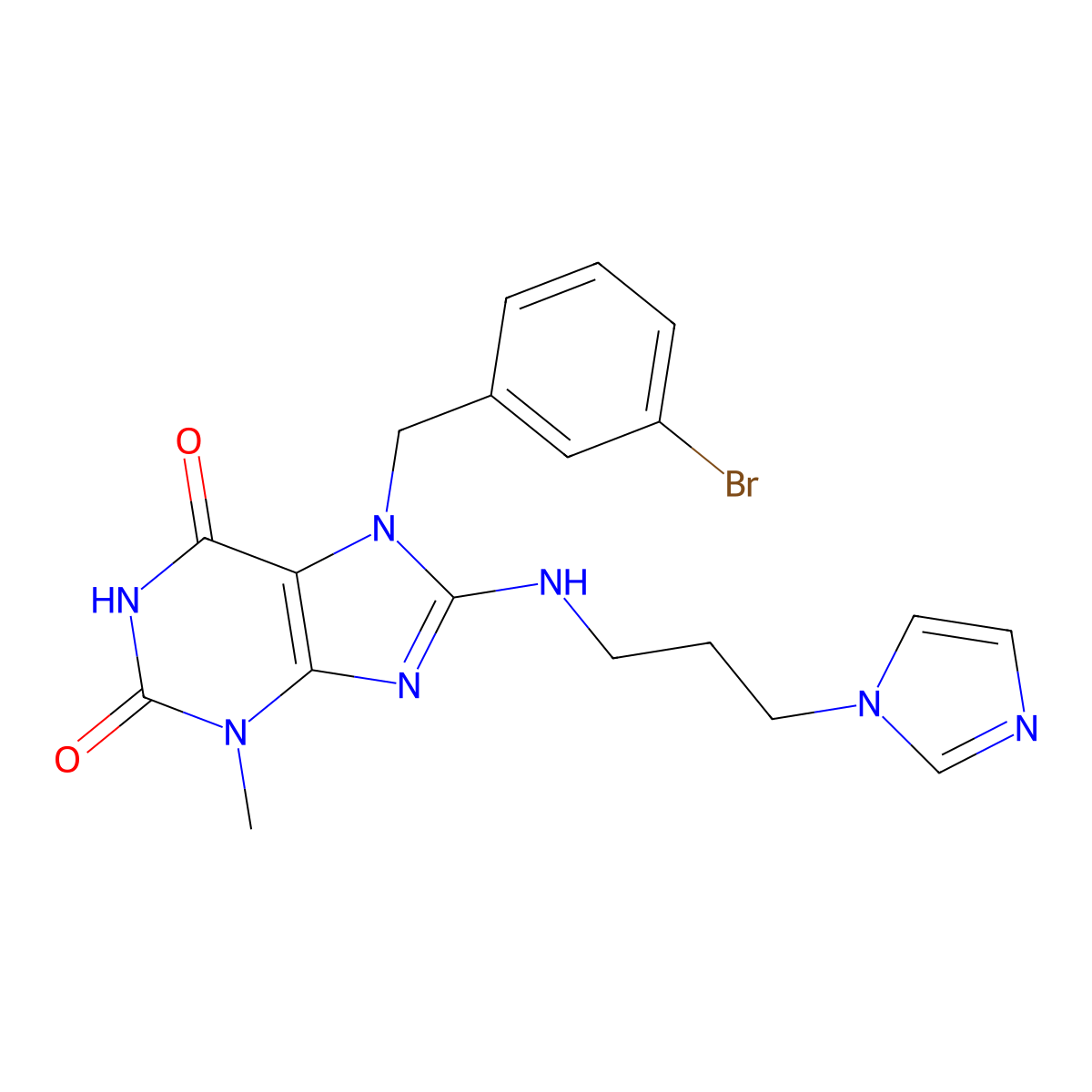 7-(3-Bromobenzyl)-8-{[3-(1H-imidazol-1-YL)propyl]amino}-3-methyl-3,7-dihydro-1H-purine-2,6-dione molecular structure, CAS 476481-02-4