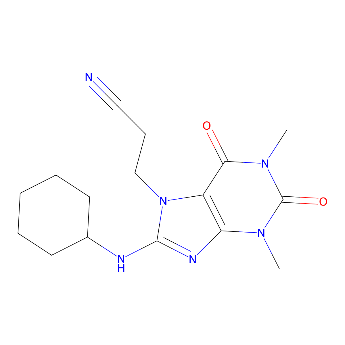3-(8-(Cyclohexylamino)-1,3-dimethyl-2,6-dioxo-1,2,3,6-tetrahydro-7H-purin-7-YL)propanenitrile molecular structure, CAS 476481-04-6