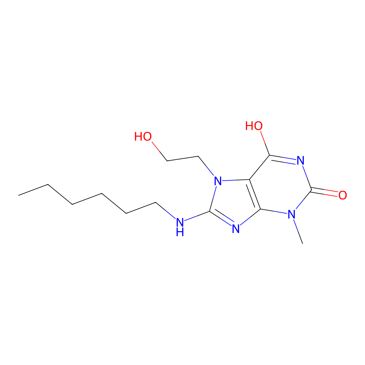 8-(Hexylamino)-7-(2-hydroxyethyl)-3-methyl-3,7-dihydro-1H-purine-2,6-dione molecular structure, CAS 476481-06-8