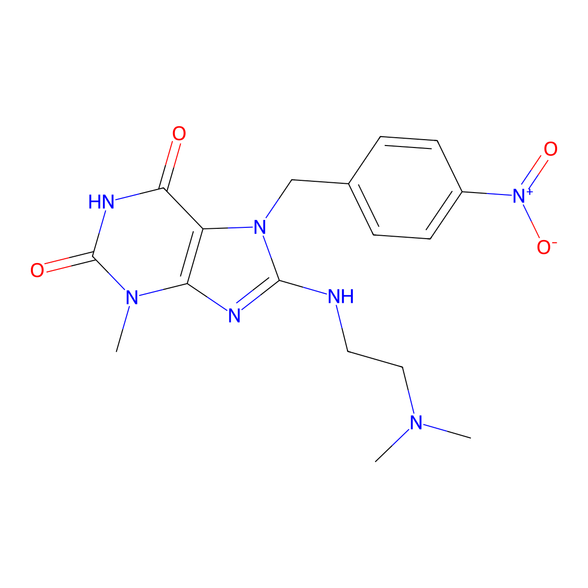 8-{[2-(Dimethylamino)ethyl]amino}-3-methyl-7-(4-nitrobenzyl)-3,7-dihydro-1H-purine-2,6-dione molecular structure, CAS 476481-24-0