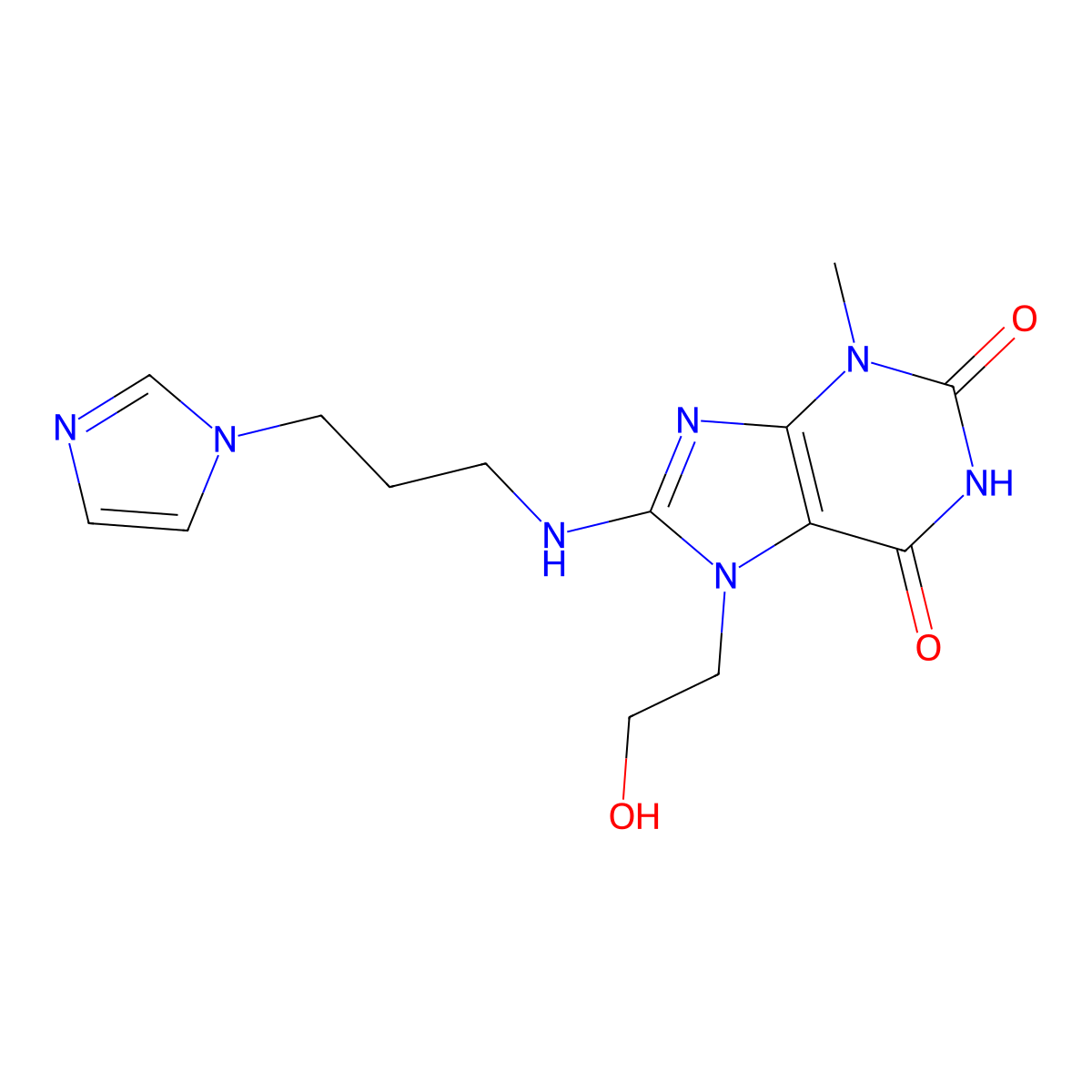 7-(2-Hydroxyethyl)-8-{[3-(1H-imidazol-1-YL)propyl]amino}-3-methyl-3,7-dihydro-1H-purine-2,6-dione molecular structure, CAS 476481-39-7