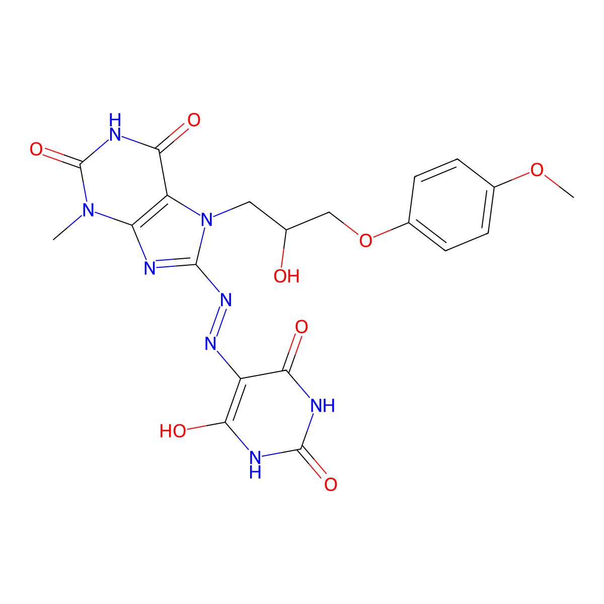 2,4,5,6(1H,3H)-Pyrimidinetetrone 5-((7-(2-hydroxy-3-(4-methoxyphenoxy)propyl)-3-methyl-2,6-dioxo-2,3,6,7-tetrahydro-1H-purin-8-YL)hydrazone) molecular structure, CAS 476481-74-0