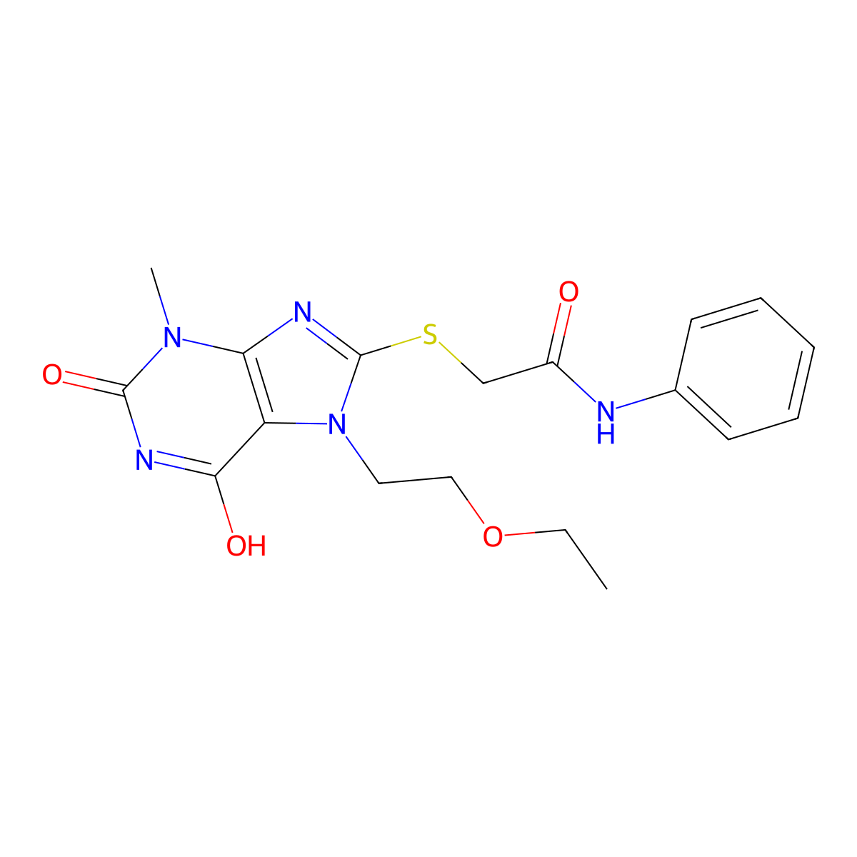 2-((7-(2-Ethoxyethyl)-3-methyl-2,6-dioxo-2,3,6,7-tetrahydro-1H-purin-8-YL)sulfanyl)-N-phenylacetamide molecular structure, CAS 476481-80-8