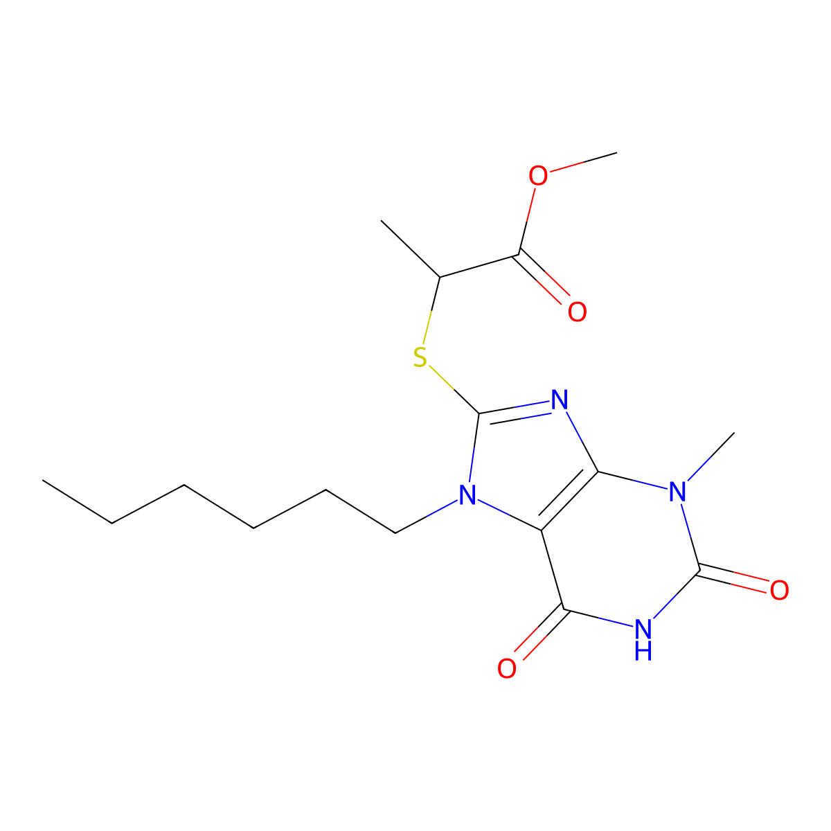 ME 2-((7-Hexyl-3-ME-2,6-dioxo-2,3,6,7-tetrahydro-1H-purin-8-YL)thio)propanoate molecular structure, CAS 476481-84-2