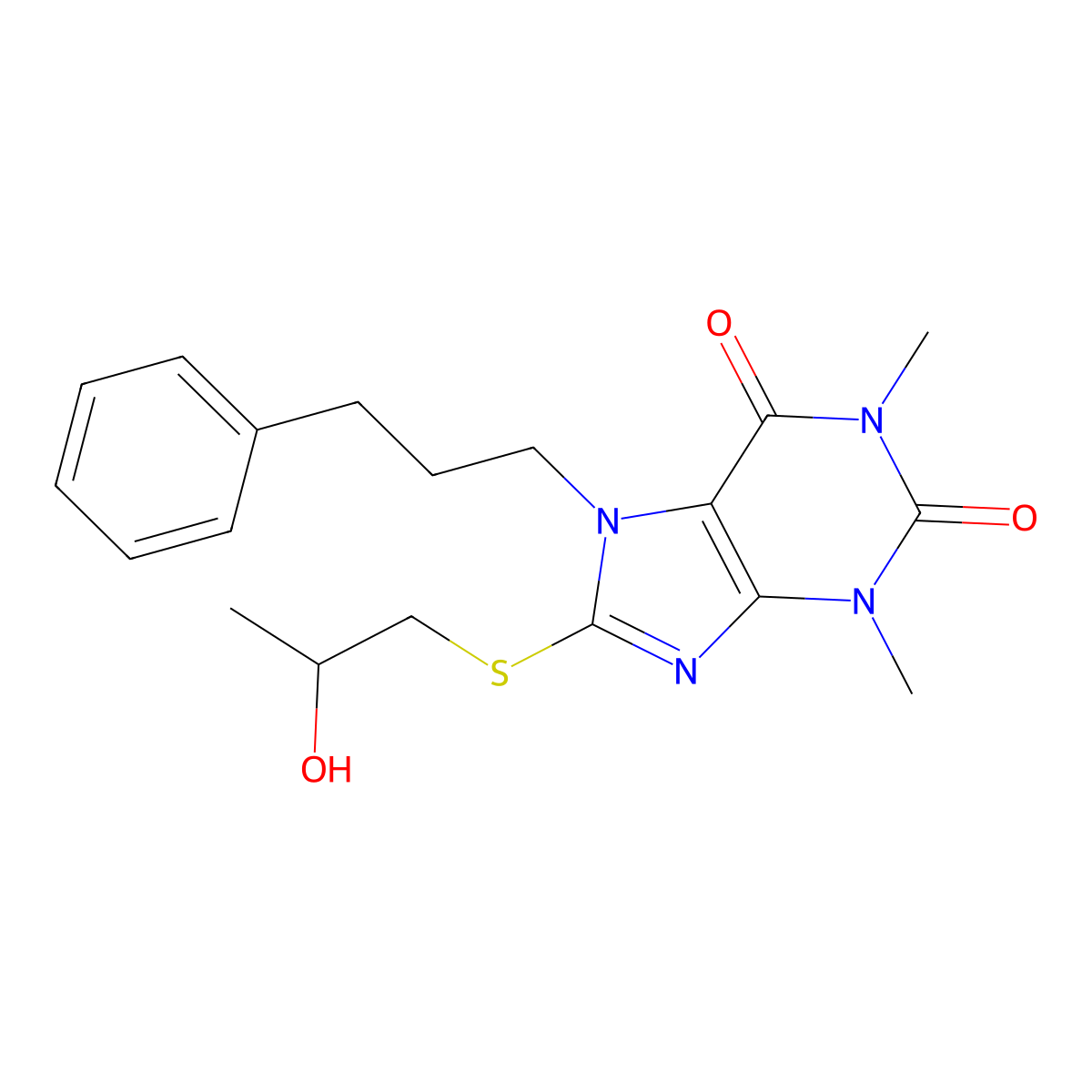 8-((2-Hydroxypropyl)sulfanyl)-1,3-dimethyl-7-(3-phenylpropyl)-3,7-dihydro-1H-purine-2,6-dione molecular structure, CAS 476481-85-3
