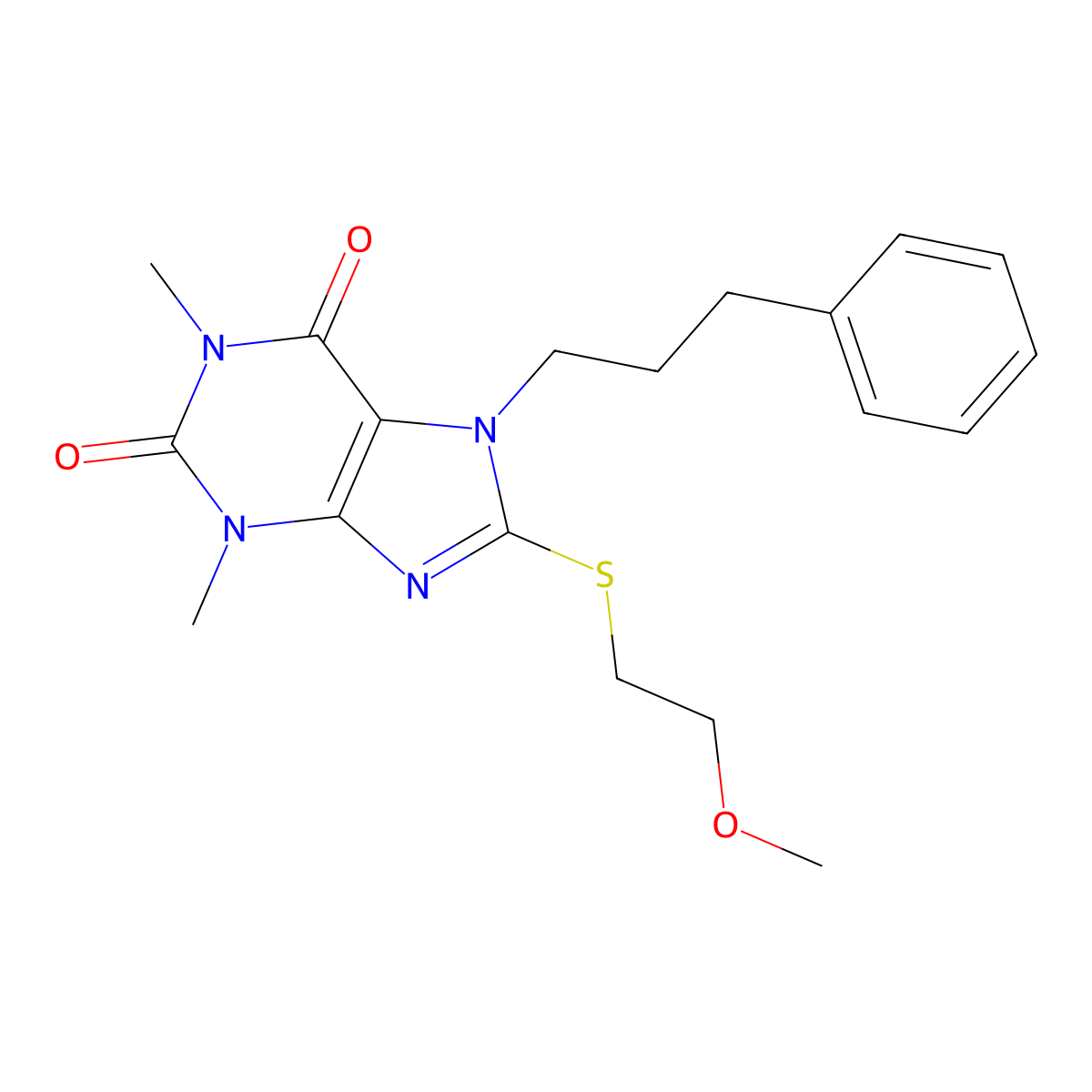 8-[(2-Methoxyethyl)sulfanyl]-1,3-dimethyl-7-(3-phenylpropyl)-3,7-dihydro-1H-purine-2,6-dione molecular structure, CAS 476481-87-5