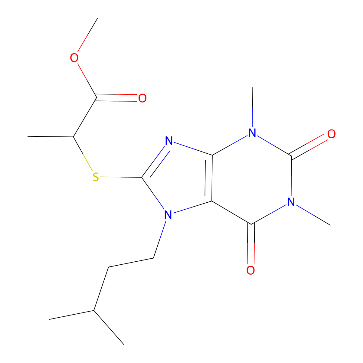 Methyl 2-[(7-isopentyl-1,3-dimethyl-2,6-dioxo-2,3,6,7-tetrahydro-1H-purin-8-YL)sulfanyl]propanoate molecular structure, CAS 476481-88-6