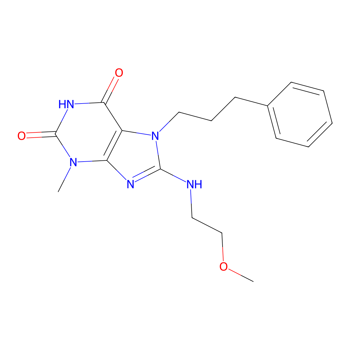 8-((2-Methoxyethyl)amino)-3-ME-7-(3-PH-propyl)-3,7-dihydro-1H-purine-2,6-dione molecular structure, CAS 476481-90-0
