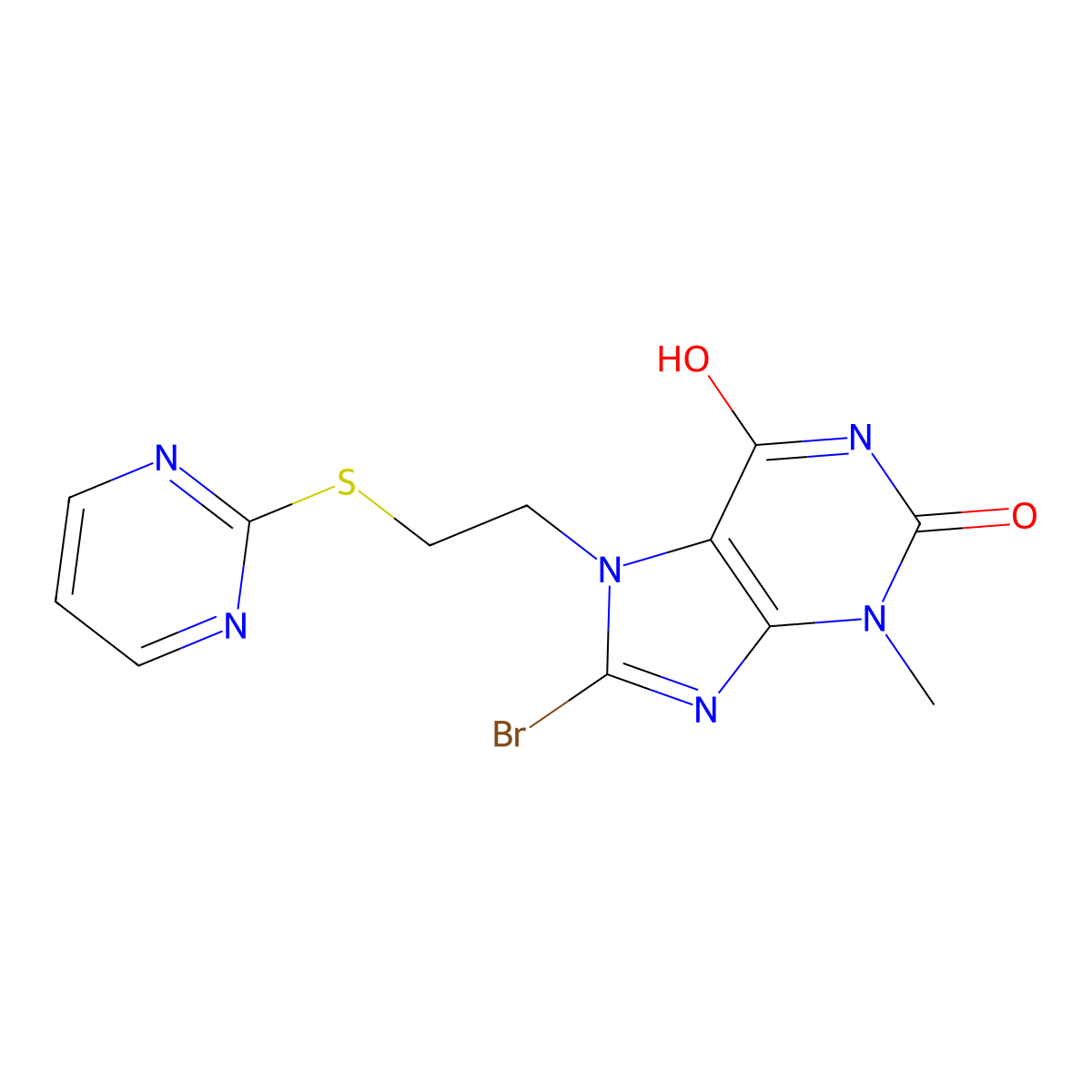 8-Bromo-3-methyl-7-(2-(2-pyrimidinylthio)ethyl)-3,7-dihydro-1H-purine-2,6-dione molecular structure, CAS 476482-16-3