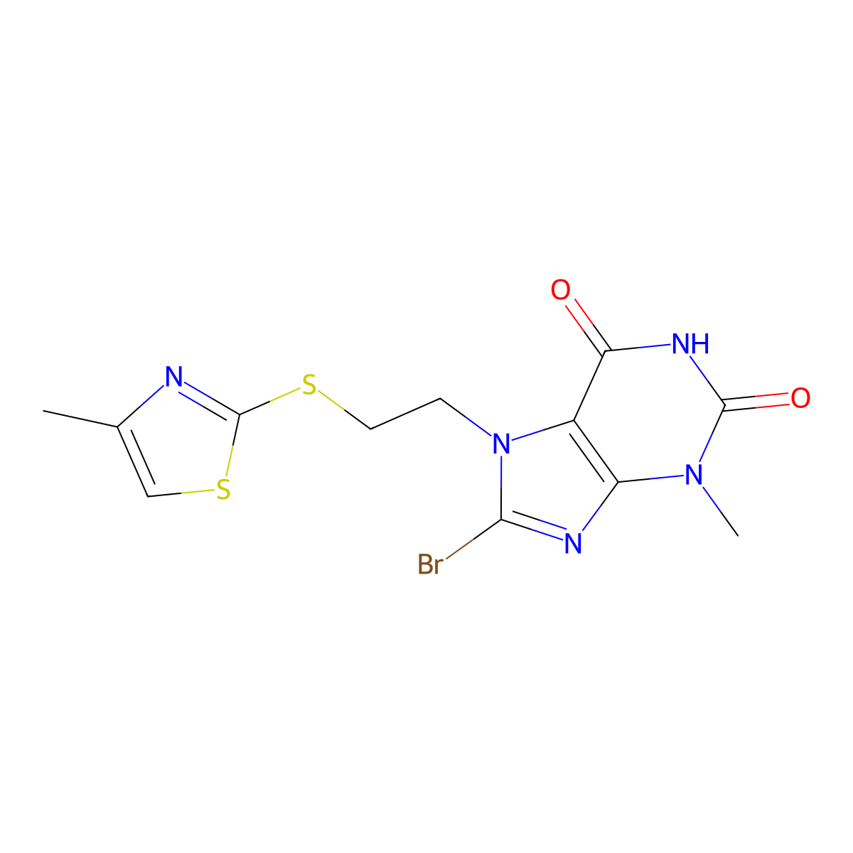 8-BR-3-ME-7-(2-((4-ME-1,3-Thiazol-2-YL)thio)ET)-3,7-dihydro-1H-purine-2,6-dione molecular structure, CAS 476482-18-5