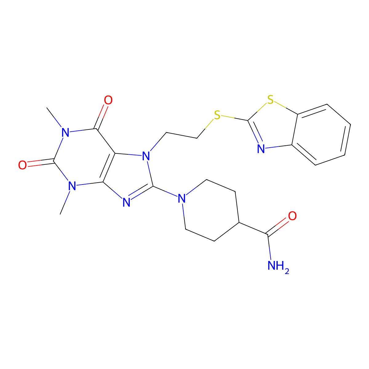 1-{7-[2-(1,3-Benzothiazol-2-ylsulfanyl)ethyl]-1,3-dimethyl-2,6-dioxo-2,3,6,7-tetrahydro-1H-purin-8-YL}-4-piperidinecarboxamide molecular structure, CAS 476482-20-9