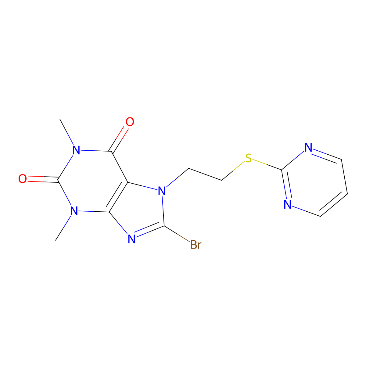 8-BR-1,3-Dimethyl-7-(2-(2-pyrimidinylthio)ethyl)-3,7-dihydro-1H-purine-2,6-dione molecular structure, CAS 476482-22-1