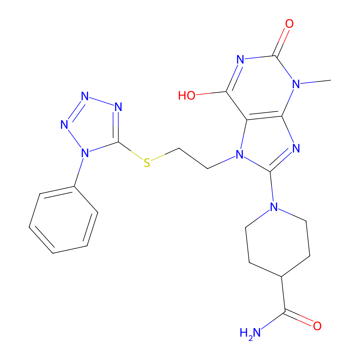 1-(3-Methyl-2,6-dioxo-7-{2-[(1-phenyl-1H-tetraazol-5-YL)sulfanyl]ethyl}-2,3,6,7-tetrahydro-1H-purin-8-YL)-4-piperidinecarboxamide molecular structure, CAS 476482-44-7