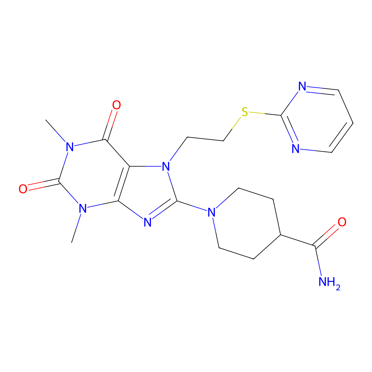 1-{1,3-Dimethyl-2,6-dioxo-7-[2-(2-pyrimidinylsulfanyl)ethyl]-2,3,6,7-tetrahydro-1H-purin-8-YL}-4-piperidinecarboxamide molecular structure, CAS 476482-47-0
