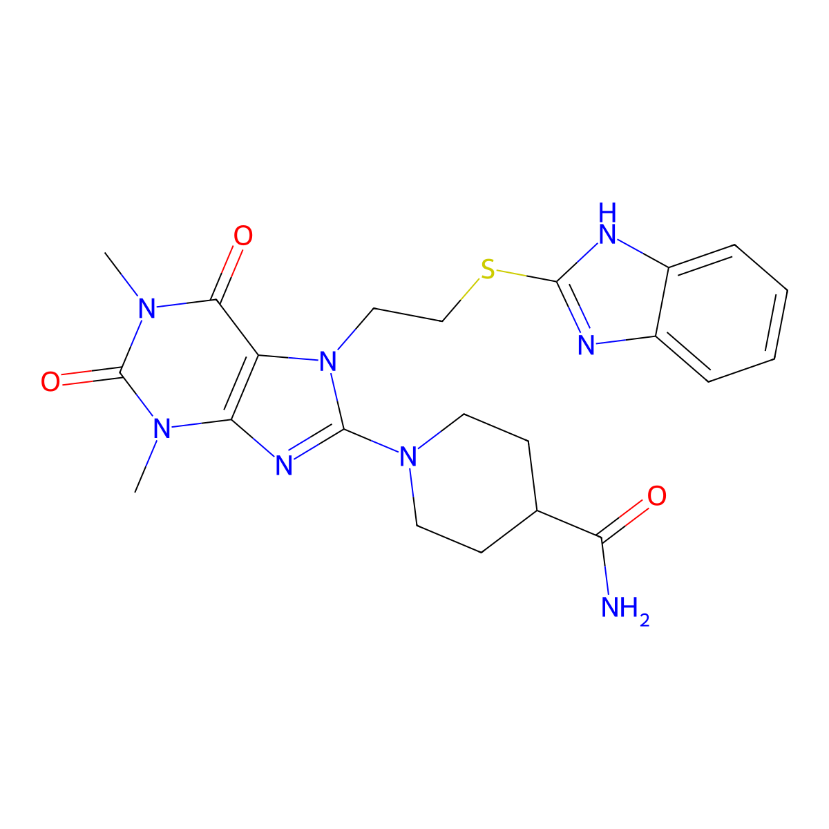 1-{7-[2-(1H-Benzimidazol-2-ylsulfanyl)ethyl]-1,3-dimethyl-2,6-dioxo-2,3,6,7-tetrahydro-1H-purin-8-YL}-4-piperidinecarboxamide molecular structure, CAS 476482-51-6