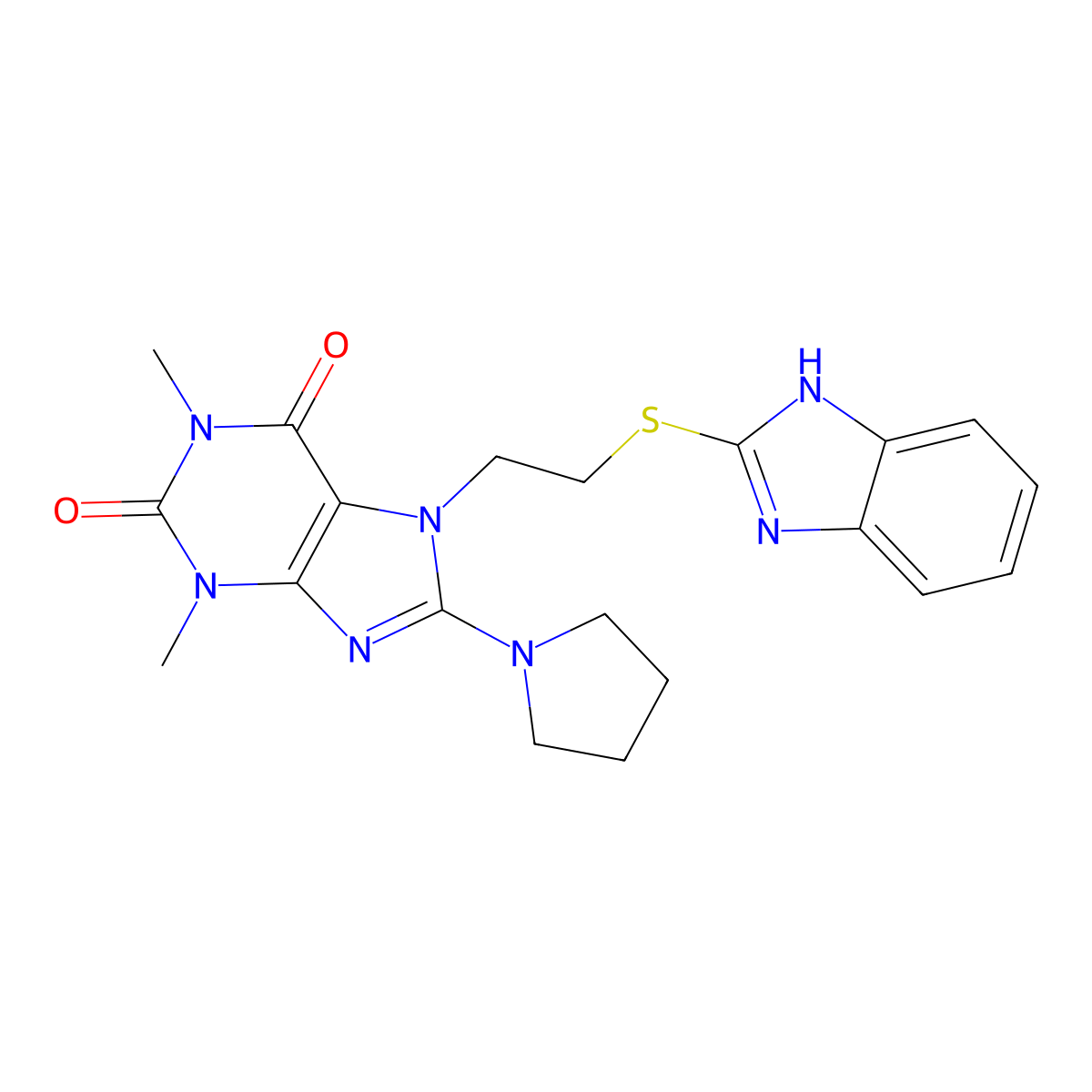 7-(2-(1H-Benzimidazol-2-ylsulfanyl)ethyl)-1,3-dimethyl-8-(1-pyrrolidinyl)-3,7-dihydro-1H-purine-2,6-dione molecular structure, CAS 476482-54-9